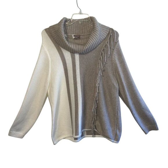 Womens Chico's Colorblock Cowl-Neck Fringe-Trim Sweater Pullover Tan Size 3 - Picture 2 of 10